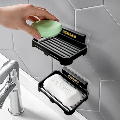 Stickzy 2PC Self Adhesive Soap Dish Wall Mounted Organizer with Drain Tray | No Drill Soap Holder for Bathroom, Shower, Kitchen Sink | Durable Strong Wall Soap Rack (Black, EZ-002) - Image 1