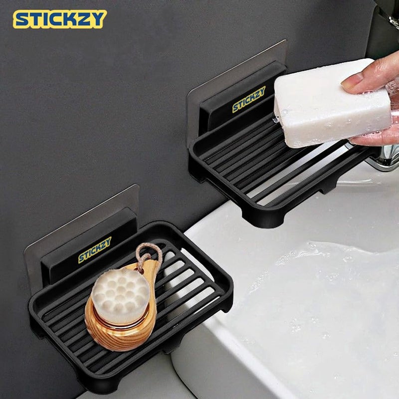 Stickzy 2PC Self Adhesive Soap Dish Wall Mounted Organizer with Drain Tray | No Drill Soap Holder for Bathroom, Shower, Kitchen Sink | Durable Strong Wall Soap Rack (Black, EZ-002) - Image 4