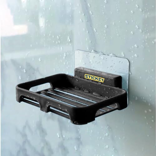Stickzy 2PC Self Adhesive Soap Dish Wall Mounted Organizer with Drain Tray | No Drill Soap Holder for Bathroom, Shower, Kitchen Sink | Durable Strong Wall Soap Rack (Black, EZ-002) - Image 2