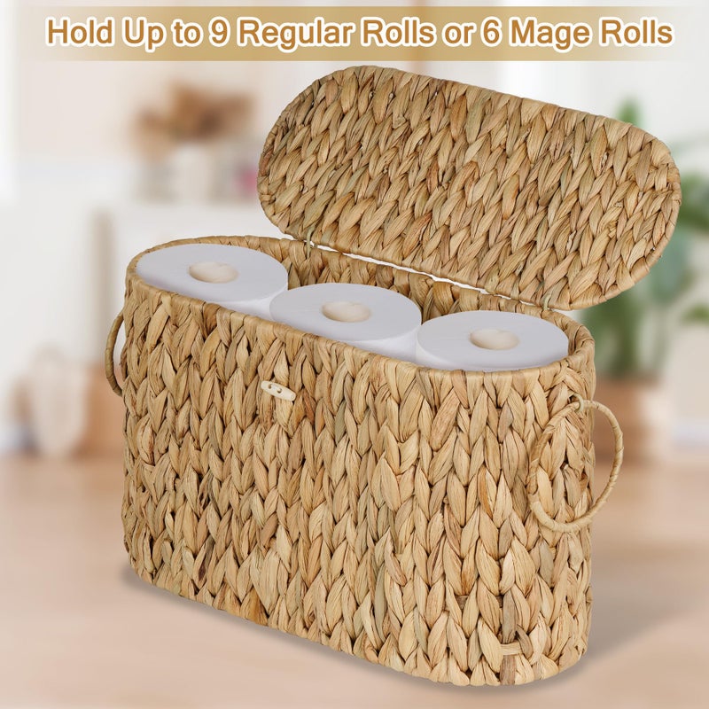 efluky Toilet Paper Storage Basket, Water Hyacinth Slim Toilet Paper Holder with Lid- Holds Up to 9 Mega Rolls, Home Bathroom Decor Organizer - Image 3