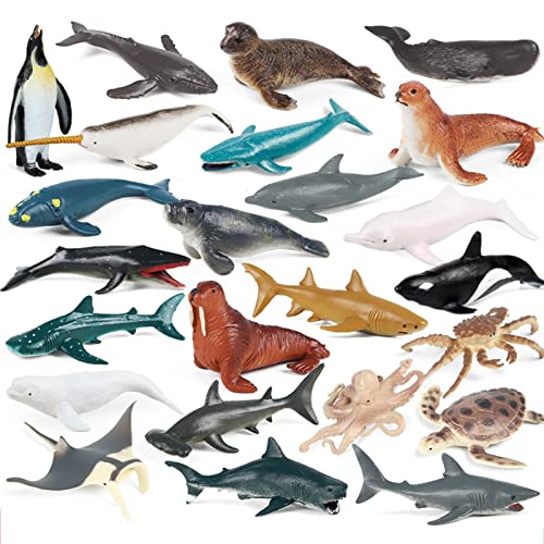 EOIVSH 24PCS Mini Ocean Animal Figurines Realistic Sea Creatures Toy Figures with Sharks Whales Walrus Under The Sea Life Figure for Party Decoration Easter Egg Filler School Project - Image 1