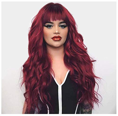 QACCF Long Burgundy Wig with Bang Women Long Wavy Fluffy Curly Heat Resistant Full Bang Girls Wig (Red) - Image 1