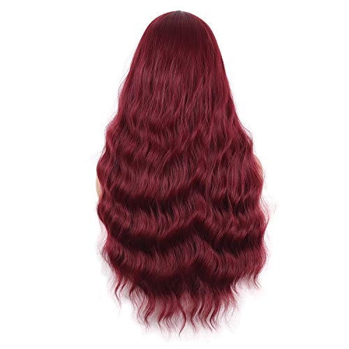 QACCF Long Burgundy Wig with Bang Women Long Wavy Fluffy Curly Heat Resistant Full Bang Girls Wig (Red) - Image 5