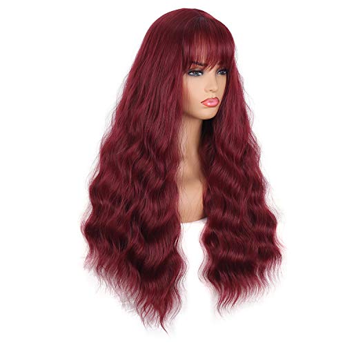 QACCF Long Burgundy Wig with Bang Women Long Wavy Fluffy Curly Heat Resistant Full Bang Girls Wig (Red) - Image 3