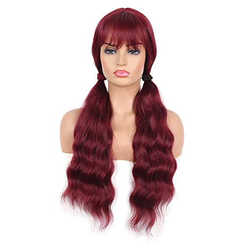 QACCF Long Burgundy Wig with Bang Women Long Wavy Fluffy Curly Heat Resistant Full Bang Girls Wig (Red) - Image 2