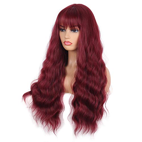 QACCF Long Burgundy Wig with Bang Women Long Wavy Fluffy Curly Heat Resistant Full Bang Girls Wig (Red) - Image 4