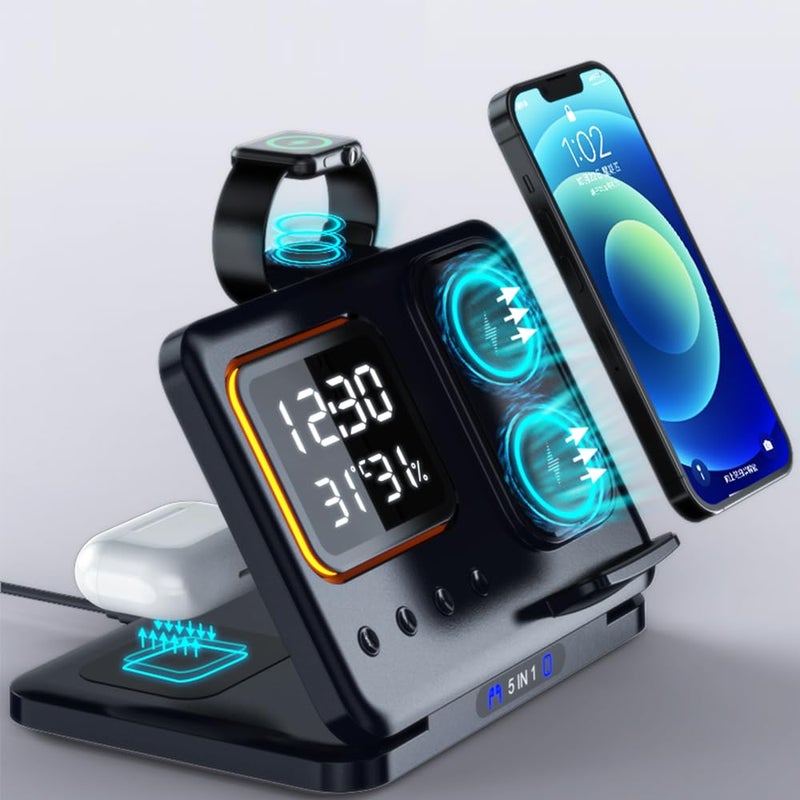 IHAO 5in1 Multi Functional Wireless Charging Station Digital Clock 15W Fast Charging Temperature Display Wireless Charger for All Qi Phone and TWS Headphone Compliant with Apple Watch-DH15 Black - Image 1