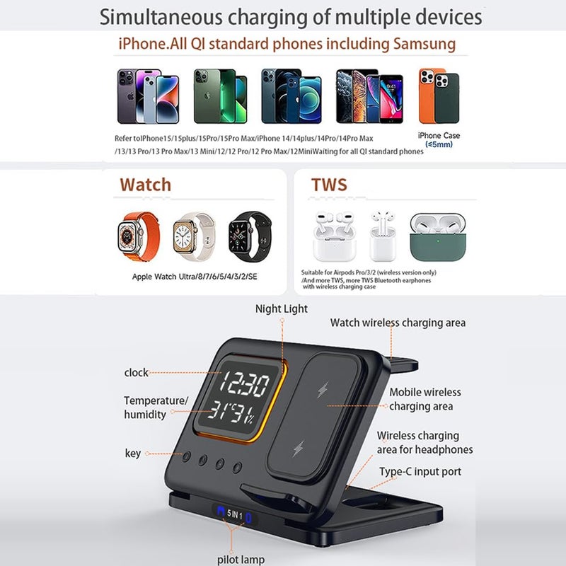 IHAO 5in1 Multi Functional Wireless Charging Station Digital Clock 15W Fast Charging Temperature Display Wireless Charger for All Qi Phone and TWS Headphone Compliant with Apple Watch-DH15 Black - Image 5