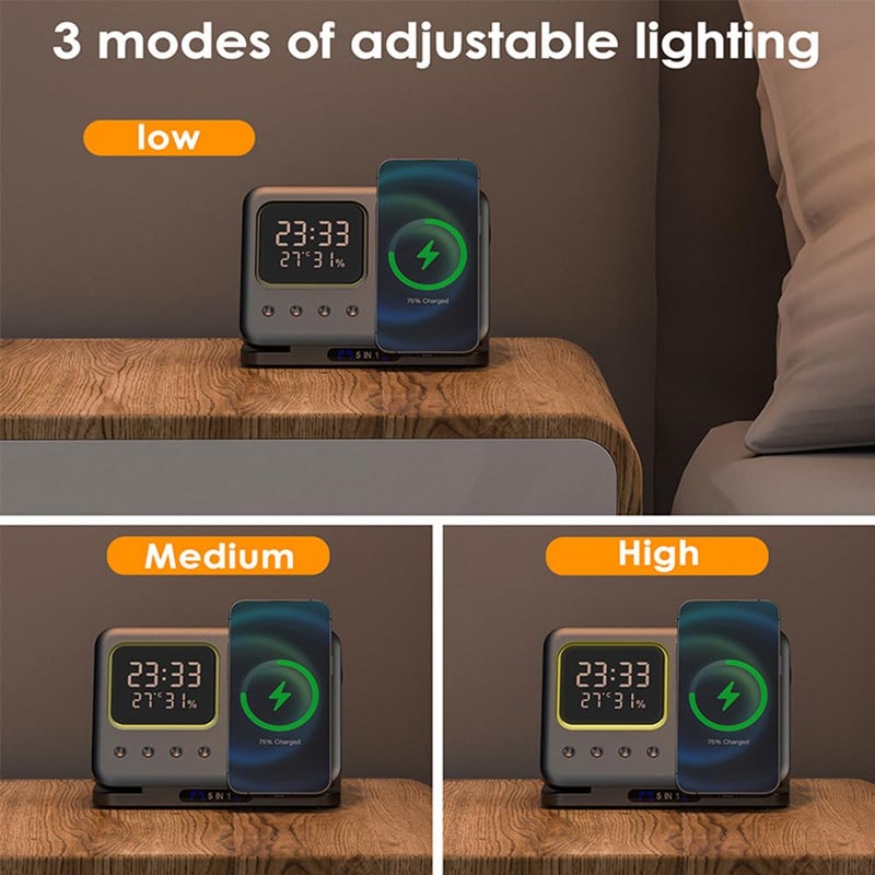 IHAO 5in1 Multi Functional Wireless Charging Station Digital Clock 15W Fast Charging Temperature Display Wireless Charger for All Qi Phone and TWS Headphone Compliant with Apple Watch-DH15 Black - Image 3