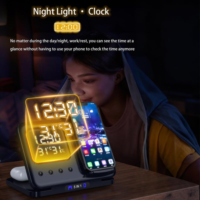 IHAO 5in1 Multi Functional Wireless Charging Station Digital Clock 15W Fast Charging Temperature Display Wireless Charger for All Qi Phone and TWS Headphone Compliant with Apple Watch-DH15 Black - Image 4