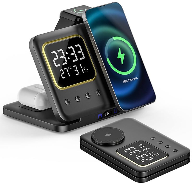 IHAO 5in1 Multi Functional Wireless Charging Station Digital Clock 15W Fast Charging Temperature Display Wireless Charger for All Qi Phone and TWS Headphone Compliant with Apple Watch-DH15 Black - Image 2