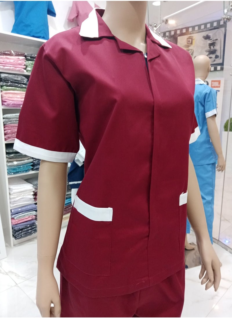 Rannah's Closet Maid Uniform with Zipper Top and Pants Maroon Domestic Helper Uniform  - Image 2