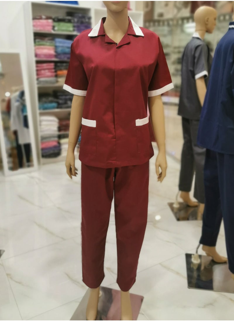 Rannah's Closet Maid Uniform with Zipper Top and Pants Maroon Domestic Helper Uniform  - Image 4