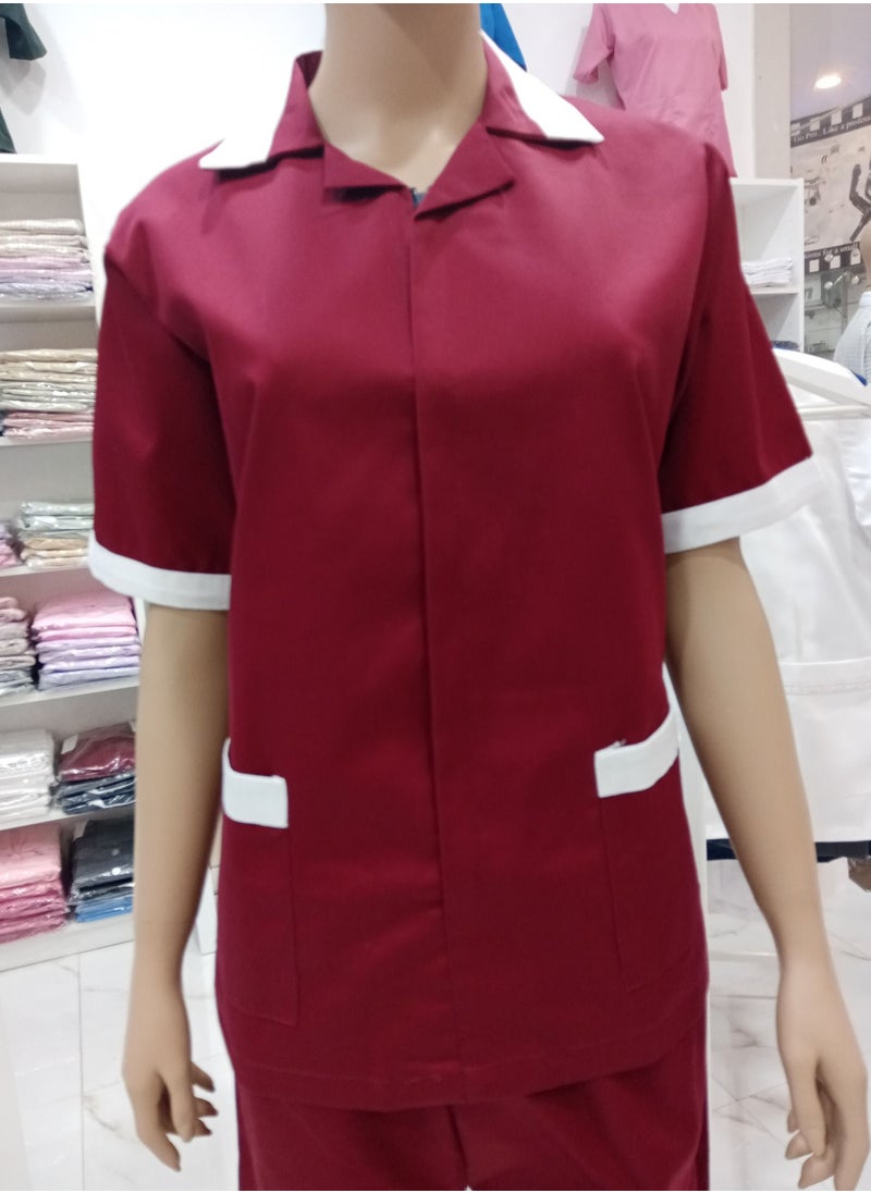 Rannah's Closet Maid Uniform with Zipper Top and Pants Maroon Domestic Helper Uniform  - Image 3