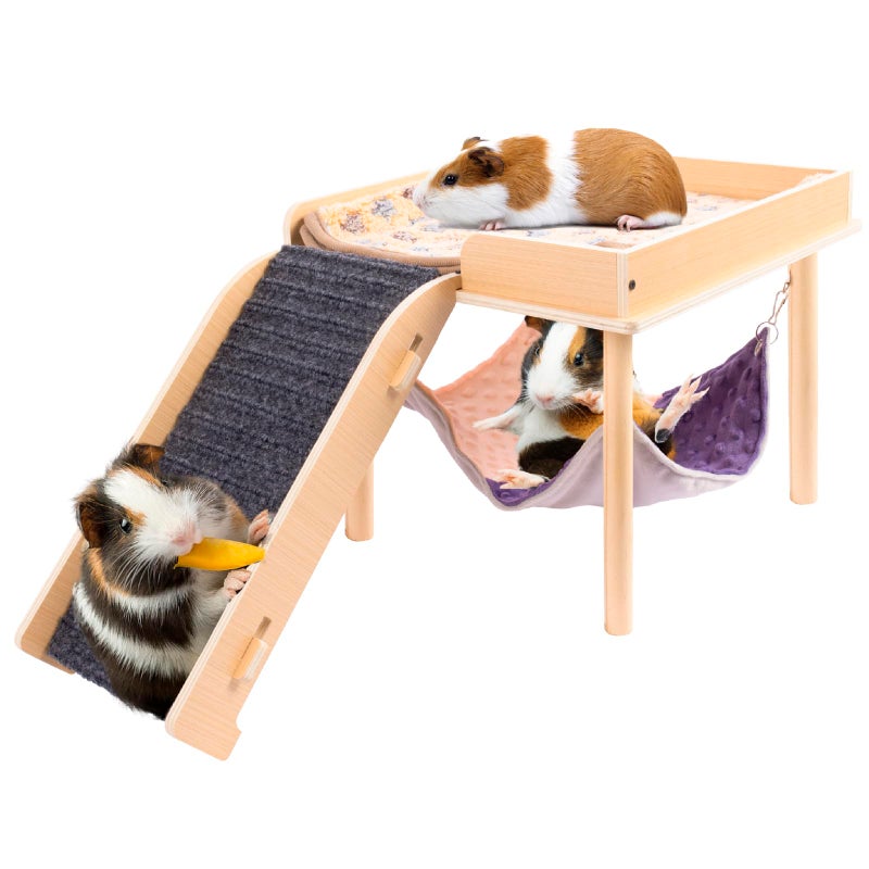 BESNEW Enlarged Guinea Pig Hammock with Platform and Stairs,Wooden Small Animal Hideout for Guinea Pigs Bunny Ferret Hamster Hiding Sleeping Activities(Single) - Image 1