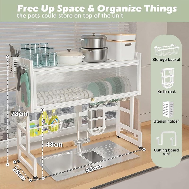 Bentifar Over Sink Dish Drying Rack 95CM, Expandable Dish Racks with Cover, Kitchen Sink Shelf Organizer, Space-Saving Dish Rack for Dishes, Bowls, Glasses,and Cutlery - Image 2