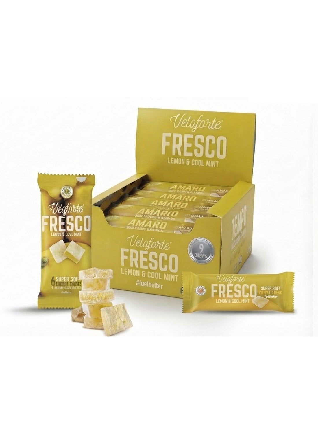 Veloforte Fresco Natural Energy Chews - Lemon & Cool Mint - 42g Carbs, 145mg Electrolytes, Caffeine Free, 6 Chews per Pack, Vegan - 9 x 50g (Pack of 9)