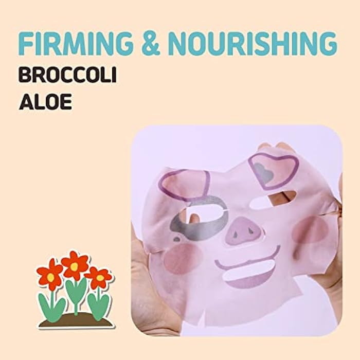 Epielle Animal Character Sheet Masks Pig 6 Pack, Firming & Nourishing Face Mask Skincare with Broccoli & Aloe, Girls Spa Party Favors, Sleepover, Self Care Gifts for Women, Korean Skin Care - Image 3