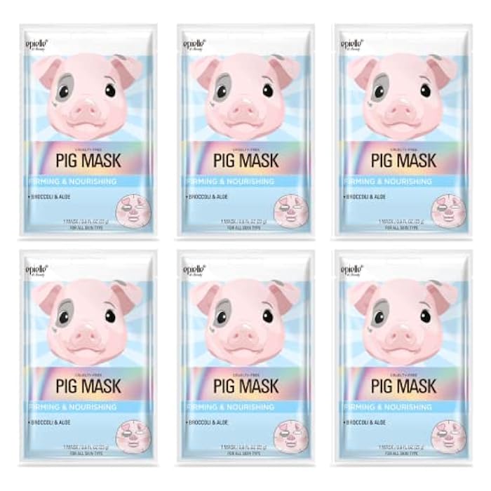 Epielle Animal Character Sheet Masks Pig 6 Pack, Firming & Nourishing Face Mask Skincare with Broccoli & Aloe, Girls Spa Party Favors, Sleepover, Self Care Gifts for Women, Korean Skin Care - Image 1