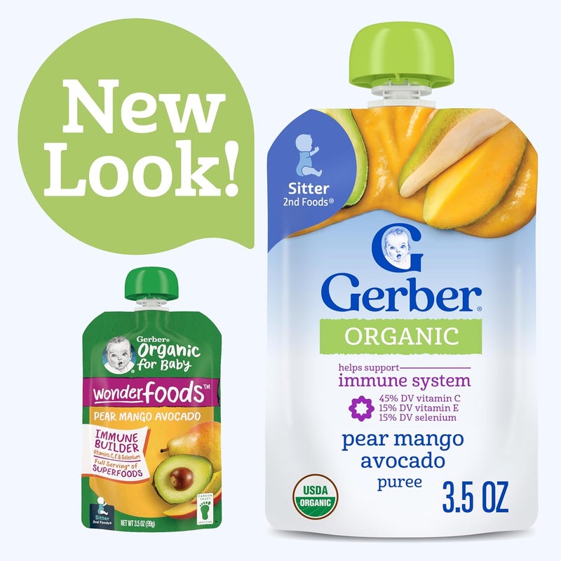 Gerber أكياس طعام الأطفال العضوي، الأطعمة الثانية للجلوس، وندر فودز، كمثرى مانجو أفوكادو، 3.5 أونصة (عبوة من 12) - Image 3