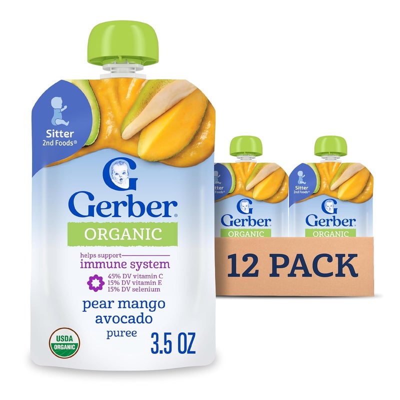 Gerber أكياس طعام الأطفال العضوي، الأطعمة الثانية للجلوس، وندر فودز، كمثرى مانجو أفوكادو، 3.5 أونصة (عبوة من 12) - Image 1
