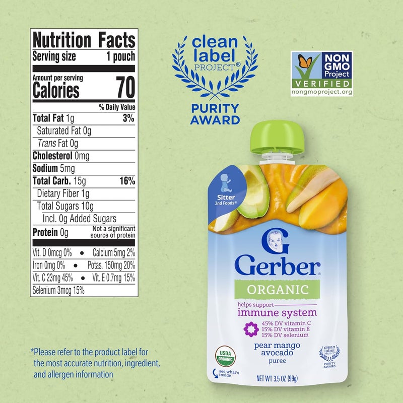 Gerber أكياس طعام الأطفال العضوي، الأطعمة الثانية للجلوس، وندر فودز، كمثرى مانجو أفوكادو، 3.5 أونصة (عبوة من 12) - Image 2