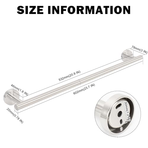 Livabber Bath Towel Bar, 304 Stainless Steel Towel Rack, Heavy Duty Towel Holder Wall Mounted for Bathroom/Kitchen, Usable Hanging Length-20.9 Inch, Total Length-23.7 Inch (Brushed Nickel) - Image 2
