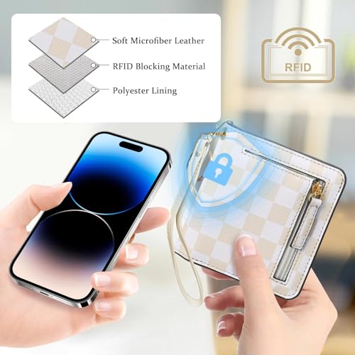 COSHAYSOO Personalized RFID Slim Bifold Wallet for Women Teen Girls with Wristlet Keychain, Cream Small Wallets Woman Cute Easter Basket Stuffers Birthday Travel Gifts for College Teenager Checkered - Image 3