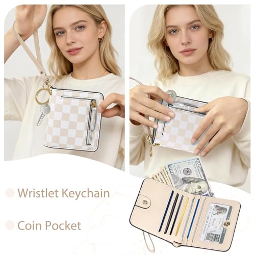 COSHAYSOO Personalized RFID Slim Bifold Wallet for Women Teen Girls with Wristlet Keychain, Cream Small Wallets Woman Cute Easter Basket Stuffers Birthday Travel Gifts for College Teenager Checkered - Image 4