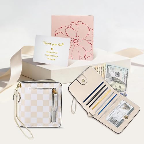 COSHAYSOO Personalized RFID Slim Bifold Wallet for Women Teen Girls with Wristlet Keychain, Cream Small Wallets Woman Cute Easter Basket Stuffers Birthday Travel Gifts for College Teenager Checkered - Image 2
