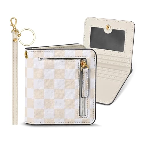 COSHAYSOO Personalized RFID Slim Bifold Wallet for Women Teen Girls with Wristlet Keychain, Cream Small Wallets Woman Cute Easter Basket Stuffers Birthday Travel Gifts for College Teenager Checkered - Image 1