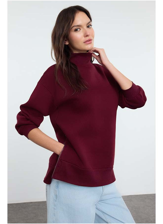 trendyol - Claret Red Oversize/Wide Fit Zippered Stand Collar Thick Inside Fleece Knitted Sweatshirt TWOAW20SW0322 - Image 1