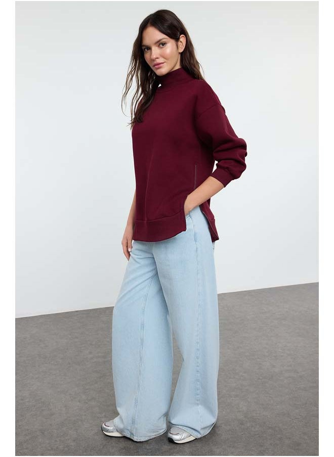 trendyol - Claret Red Oversize/Wide Fit Zippered Stand Collar Thick Inside Fleece Knitted Sweatshirt TWOAW20SW0322 - Image 1
