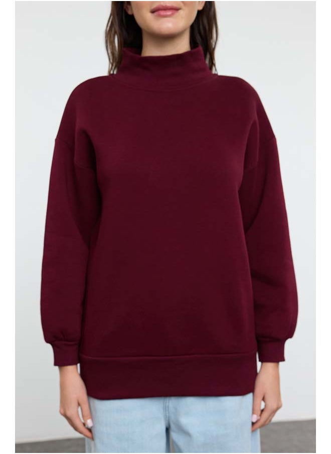 trendyol - Claret Red Oversize/Wide Fit Zippered Stand Collar Thick Inside Fleece Knitted Sweatshirt TWOAW20SW0322 - Image 1