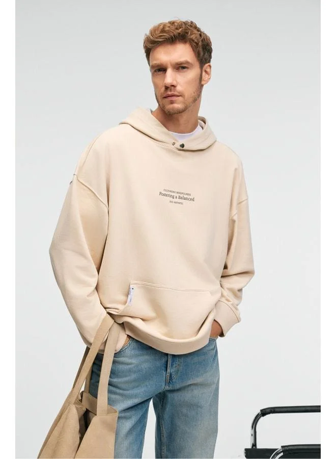 GRIMELANGE CLAY Men's 100% Cotton Hooded Snap-Button Printed Pocket with Decorative Tag Cream Sweatshirt.