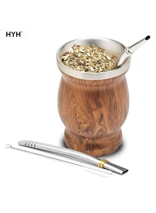 HYH Yerba Mate Tea Cup, Yerba Mate Cup 230ml, Stainless Steel Double-Wall Insulated Cup with Lid, Straw & Cleaning Brush, Wooden Texture, Easy to Clean, for Yerba Mate & Coffee - Image 1