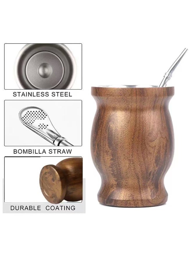 HYH Yerba Mate Tea Cup, Yerba Mate Cup 230ml, Stainless Steel Double-Wall Insulated Cup with Lid, Straw & Cleaning Brush, Wooden Texture, Easy to Clean, for Yerba Mate & Coffee - Image 2