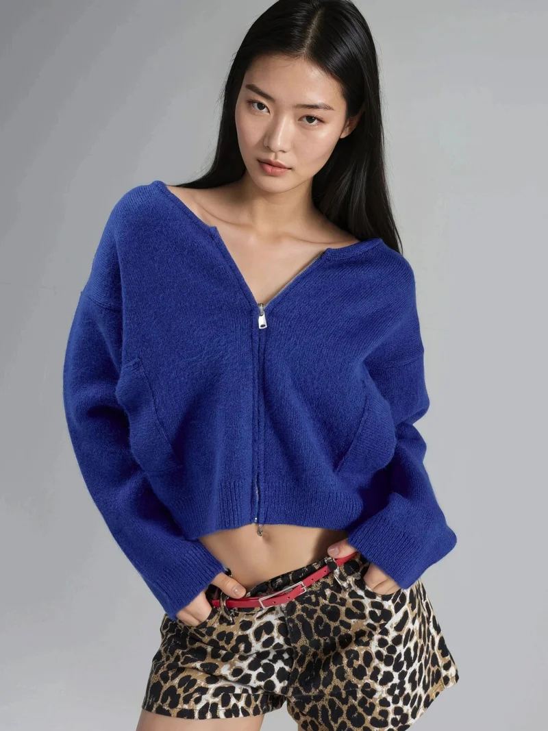 MY FASHION Zippered Knit Cardigan With Pockets
