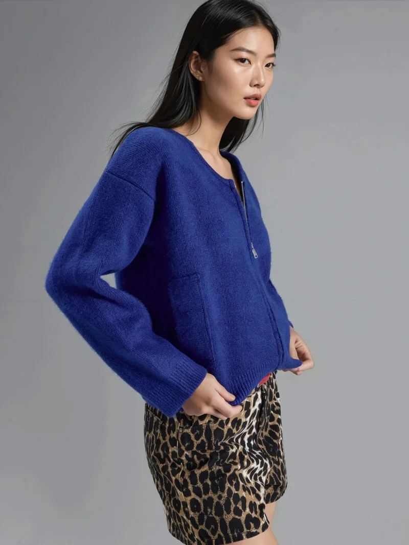 My Fashion Cobalt Blue MY FASHION Zippered Knit Cardigan With Pockets for Women | Best Price UAE