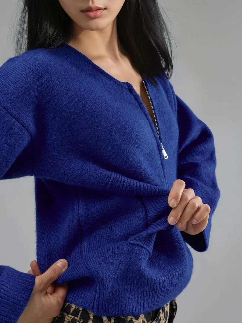 My Fashion Cobalt Blue MY FASHION Zippered Knit Cardigan With Pockets for Women | Best Price UAE
