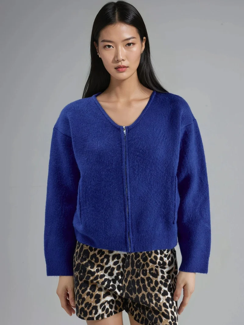 My Fashion Cobalt Blue MY FASHION Zippered Knit Cardigan With Pockets for Women | Best Price UAE
