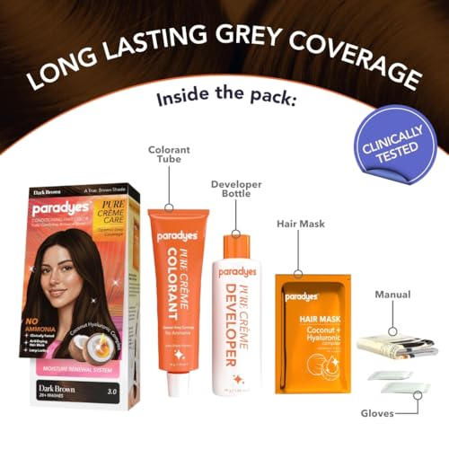 Paradyes Pure Crème Care No Ammonia Hair Color Dark Brown 3.0 | Long-Lasting Crème Formula | Grey Coverage | Coconut Milk + Almond Oil + Hyaluronic Complex | Smooth & Shiny Finish | 60g + 10 ml - Image 3