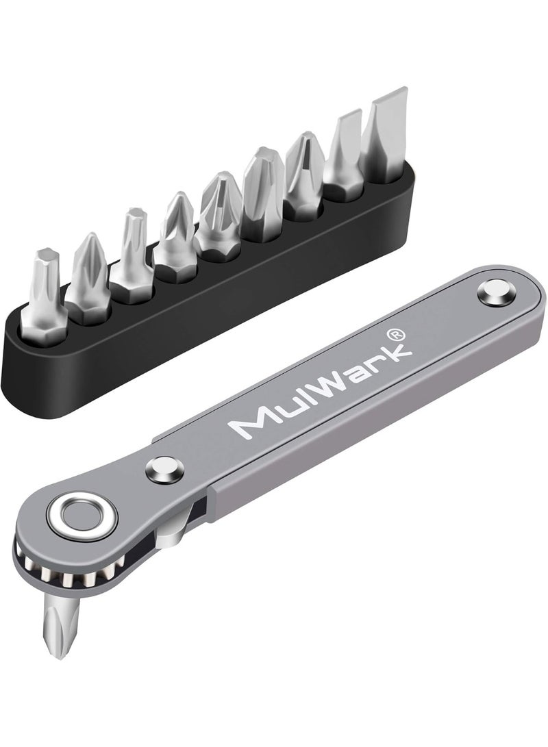 MULWARK 11pc Right Angle Screwdriver 1/4 Mini Ratchet Wrench Close Quarters Pocket Screwdriver Set with High Torque & Low Profile- EDC Tool with 90 Degree Mini Offset Reversible Drive Handle - Image 1