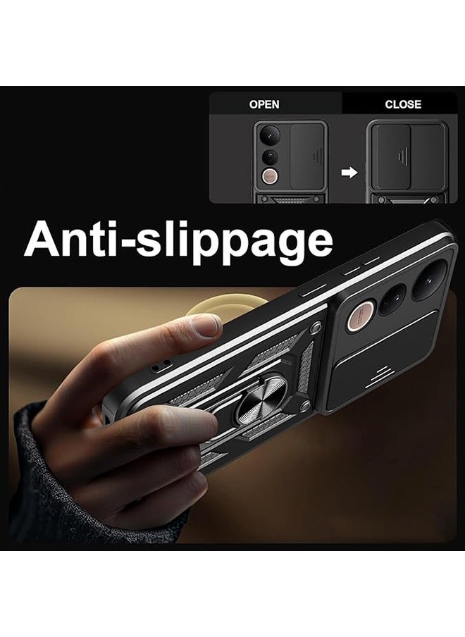 Compatible for Vivo V50 Lite 5G Case with Sliding Camera, Integrated 360 Degree Rotating Ring Kickstand, Shockproof Protective Cover, Anti-Fall Drop Protection, Shockproof Case, Black