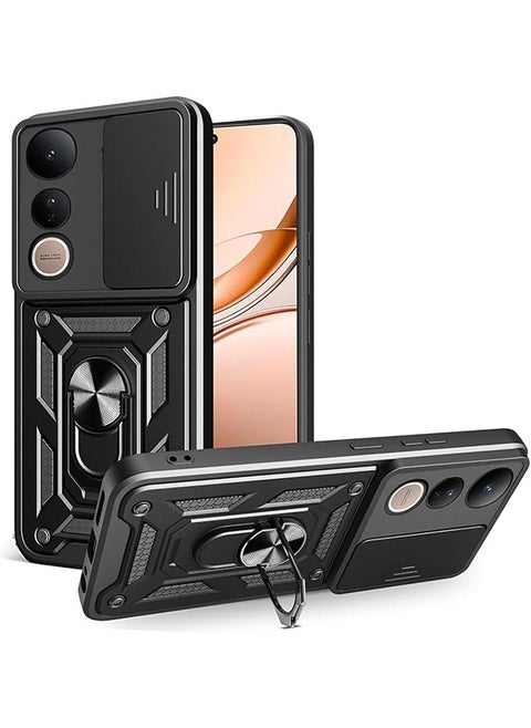 Compatible for Vivo V50 Lite 5G Case with Sliding Camera, Integrated 360 Degree Rotating Ring Kickstand, Shockproof Protective Cover, Anti-Fall Drop Protection, Shockproof Case, Black