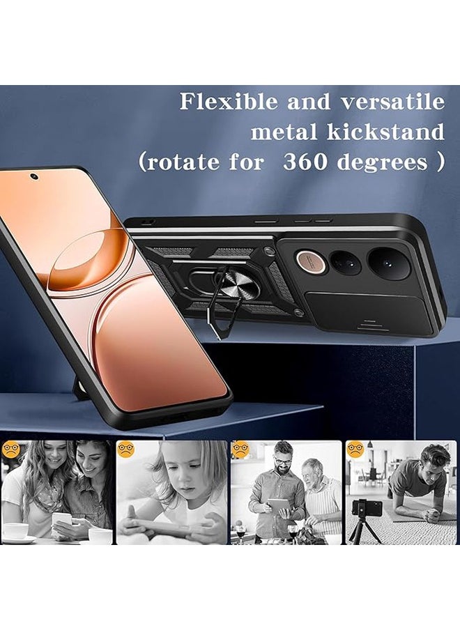 Compatible for Vivo V50 Lite 5G Case with Sliding Camera, Integrated 360 Degree Rotating Ring Kickstand, Shockproof Protective Cover, Anti-Fall Drop Protection, Shockproof Case, Black