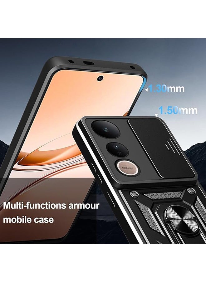 Compatible for Vivo V50 Lite 5G Case with Sliding Camera, Integrated 360 Degree Rotating Ring Kickstand, Shockproof Protective Cover, Anti-Fall Drop Protection, Shockproof Case, Black