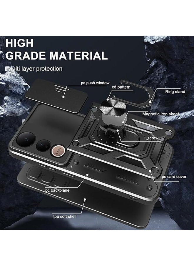 Compatible for Vivo V50 Lite 5G Case with Sliding Camera, Integrated 360 Degree Rotating Ring Kickstand, Shockproof Protective Cover, Anti-Fall Drop Protection, Shockproof Case, Black