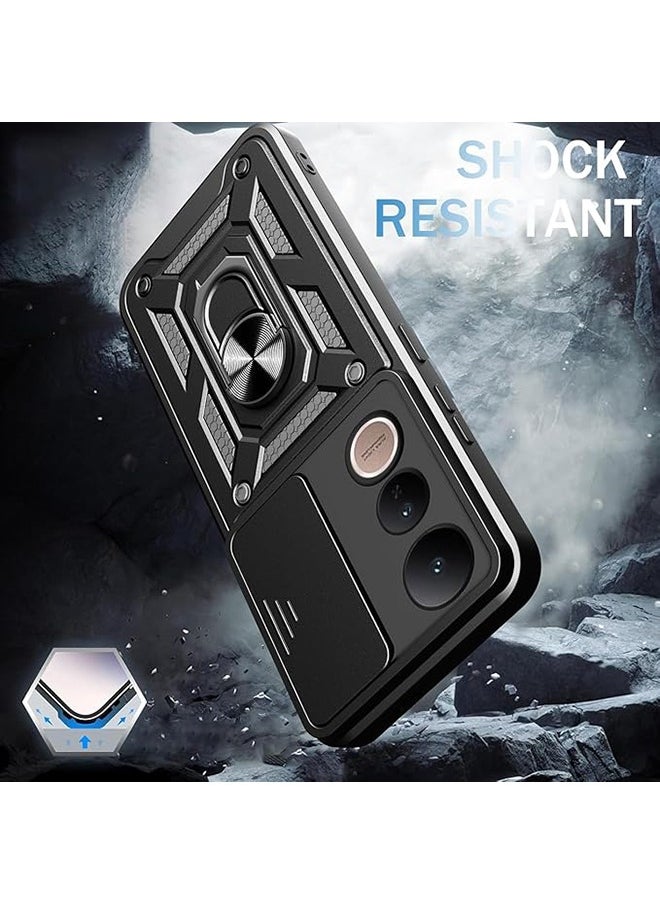 Compatible for Vivo V50 Lite 5G Case with Sliding Camera, Integrated 360 Degree Rotating Ring Kickstand, Shockproof Protective Cover, Anti-Fall Drop Protection, Shockproof Case, Black