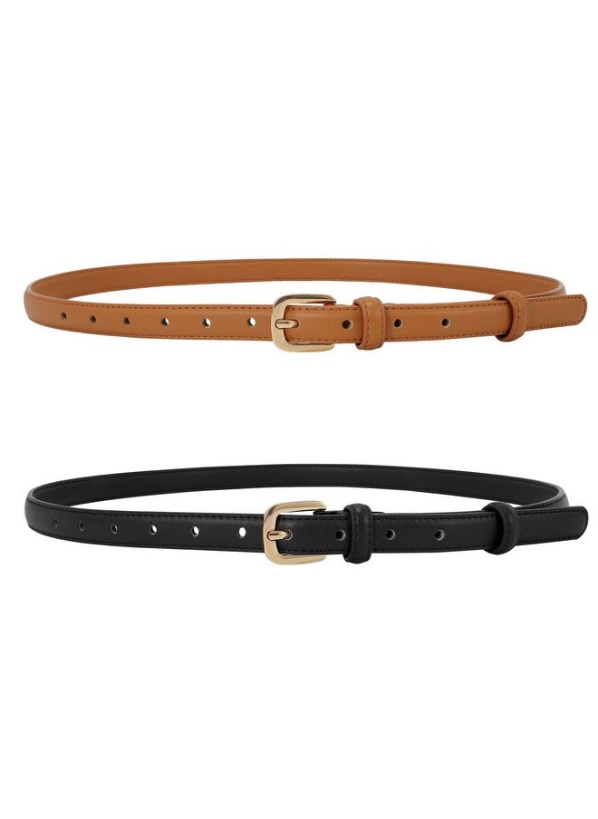 Sansths - 2 Pack Women Thin Skinny Faux Leather Belt Waist Belt With Metal Pin Buckle For Dress Jeans Black Brown S - Image 1